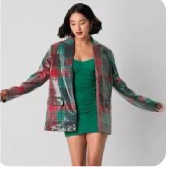 Johnny Wujek Size S Sequin Plaid Holiday Single Breasted Blazer One Button Red - Picture 2 of 11